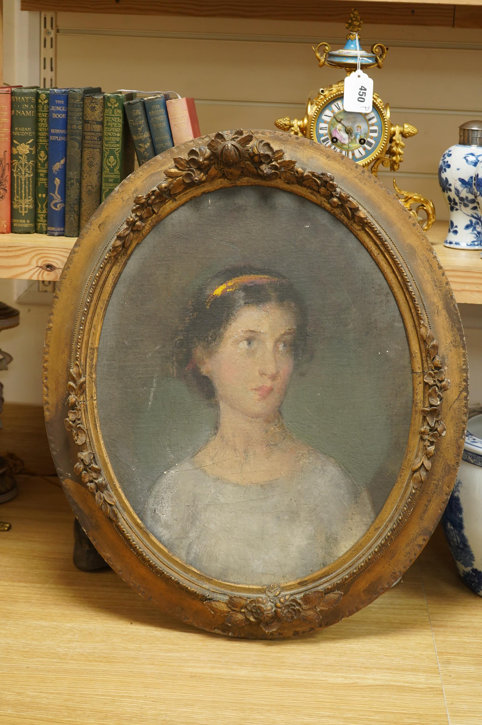 Henry John Lintott (1877-1965), Portrait of the artists wife, Audrey, unsigned, partial label and The Arts Council of Great Britain label verso, oval oil on board, 49 x 40cm, gilt framed